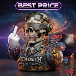 Megadeth 43rd Anniversary Middle Finger Rubber Duck 3 Promotional Megadeth anniversary skull collectible with best price sign and record background!