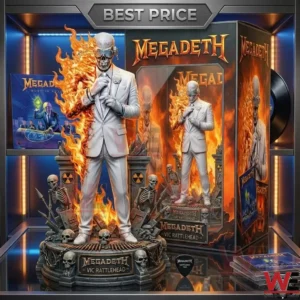 Megadeth Vic Rattlehead collectible statue with fiery details and retail packaging.