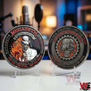 Megadeth collector coin shown from front and back on display stands!