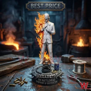 A photograph of a highly detailed, fiery collectible figure of Vic Rattlehead in a white suit, standing on a spiked base in a cluttered workshop with tools and ammunition, beneath a BEST PRICE sign!