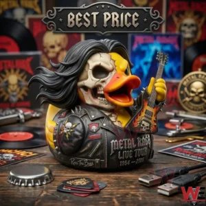 Heavy metal rocker rubber duck with skull face and guitar.