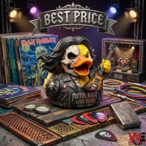 Metal Rock Live Tour Edition Duck 5 Rocker duck figurine on a miniature stage with vinyl records.
