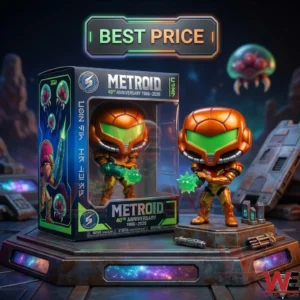 Metroid 40th Anniversary 1986-2026 Pop Figure Doll 3 A Samus Aran figure with a glowing arm cannon standing on a sci fi platform with alien landscapes in the background!
