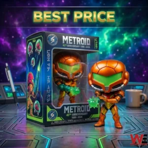 A stylized science fiction bounty hunter figure in orange armor standing on a futuristic desk with a themed display box!
