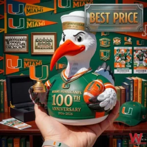 This image shows a person holding a large stylized figure of the University of Miami mascot. The white ibis character has a determined expression and a long orange beak. It wears a green jersey with gold lettering that says Miami Hurricanes 100th Anniversary 1926 to 2026. In its right wing it holds a gold trophy shaped like the U logo labeled Centennial Champion. Its left wing clutches a small orange and green football. The figure wears a white sailor hat with a gold band. The background is a library or office setting with shelves of books university pennants framed team photos and a green baseball cap. A metal plate with the words Best Price is visible at the top.