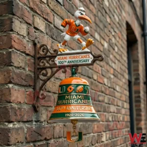 Miami Hurricanes anniversary wall bell with mascot mounted on a brick wall!
