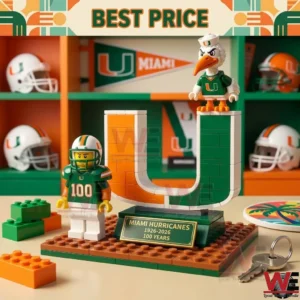A brick building set of the Miami Hurricanes logo with a football player and mascot figure celebrating the 100th anniversary. The set is displayed on a table with team memorabilia and loose bricks.
