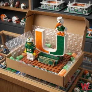 A completed Miami Hurricanes building set is packed in a cardboard box with bubble wrap and colored foam peanuts. The box sits on a glass case in a store surrounded by sports collectibles.