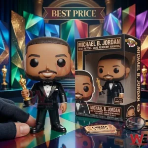 Vinyl figure of Michael B Jordan holding a gold trophy next to his 2026 Best Actor commemorative box!