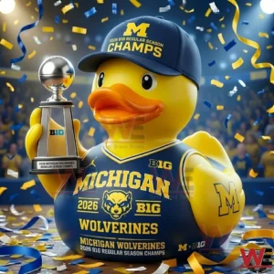 Michigan themed rubber duck holding a trophy with confetti in the background!