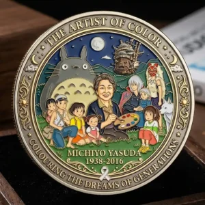 Commemorative coin honoring Michiyo Yasuda with animated characters and decorative background!