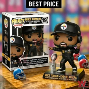 Mike Tomlin coach collectible beside its box and a football trophy!