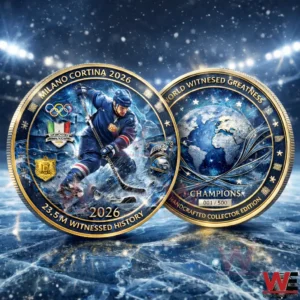 Two Milano Cortina 2026 collector coins on an icy rink with a hockey player design and a globe design!