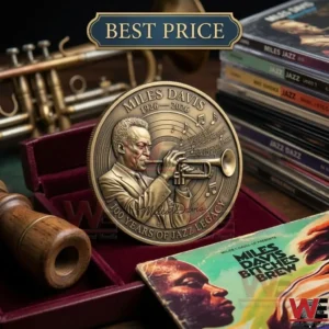 A 100th anniversary Miles Davis collector coin displayed in a red velvet box with jazz music accessories.