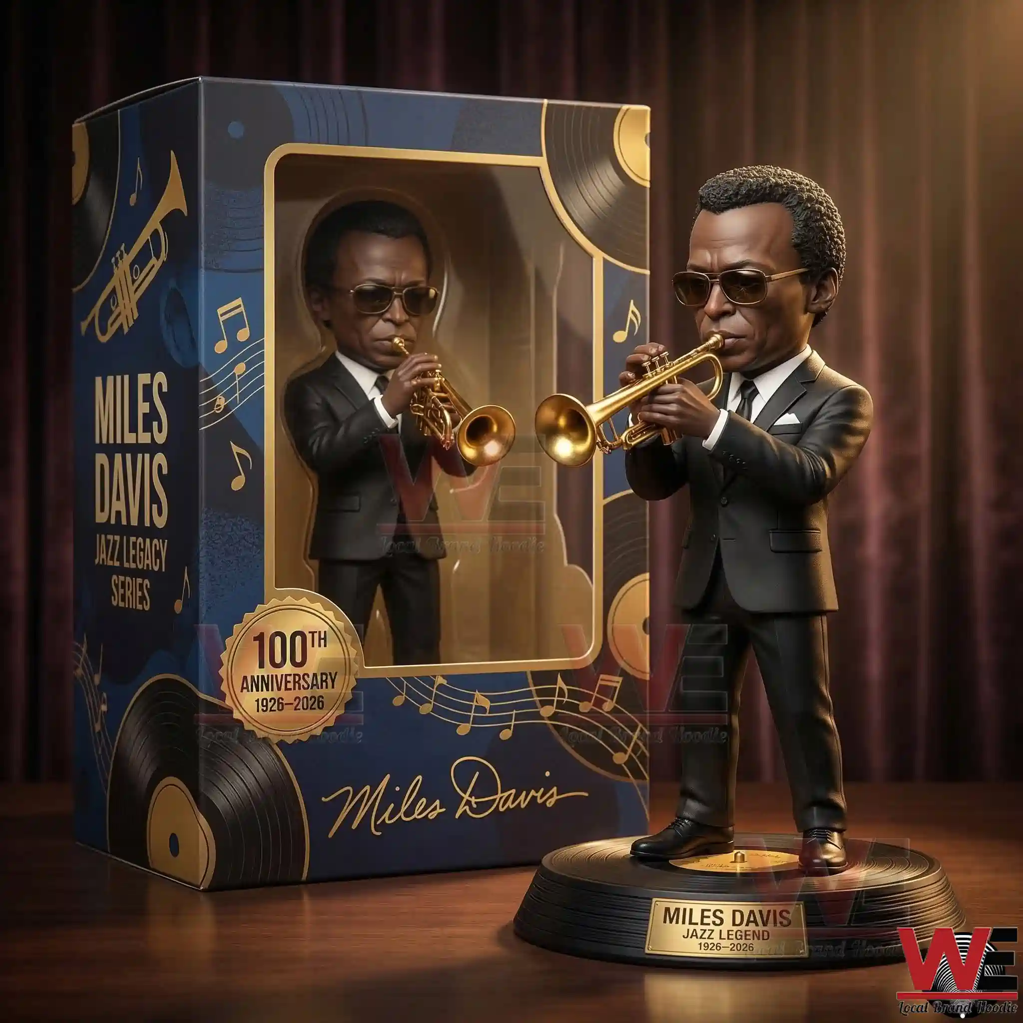 Miles Davis Jazz Legacy 1926-2026 Figure Doll 2 A jazz musician collectible figure with a gold trumpet and anniversary display box in front of a stage curtain!