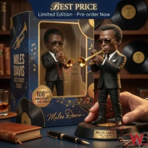 A detailed musician figure of Miles Davis playing the trumpet standing on a record shaped pedestal!