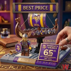 A Minnesota Vikings anniversary building block set with a longship and a Viking minifigure on a wooden desk.
