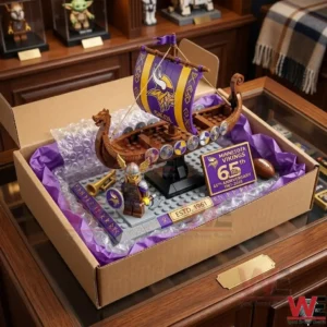 A commemorative Minnesota Vikings toy ship set packaged in a shipping box with purple paper and bubble wrap.
