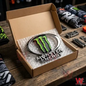 Monster Energy Car Name Badge 7 Oval Monster Energy plaque in a shipping box.