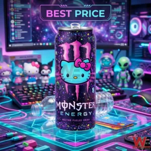 Hello Kitty Monster Energy can in a gaming room.