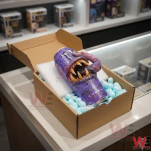 A purple monster energy drink sculpture being unpacked from a cardboard shipping box!