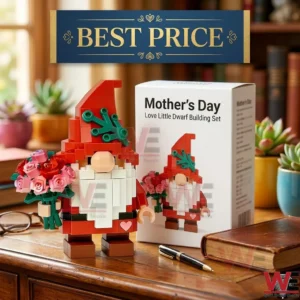 A red and white gnome building block figure holding roses next to its box on a desk.