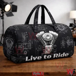 Black duffle bag with engine graphic and blueprint style motorcycle drawings!