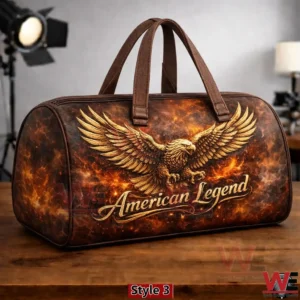 Brown duffle bag with golden eagle and fiery American Legend design!