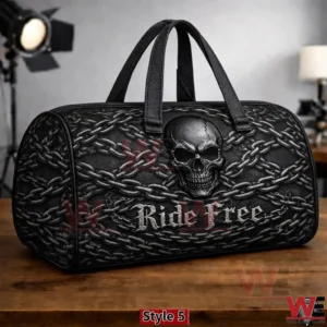 Black duffle bag with skull graphic chain pattern and Rule Free text!