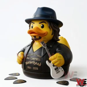 Motorhead Phil Campbell Legendary Guitarist Rubber Duck 3 A rock and roll themed rubber duck wearing a fedora and holding a guitar isolated on a white background with guitar picks!