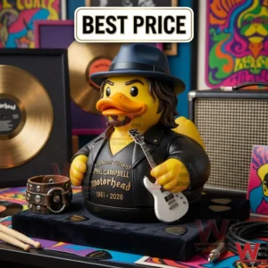 Yellow rubber duck stylized as a rock star with a leather vest and guitar surrounded by music gear and records!