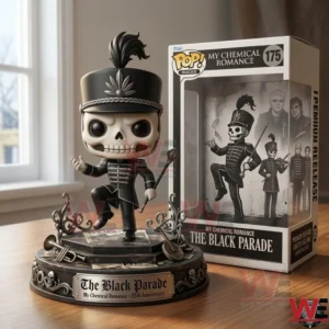 A skeleton figure in a band uniform stands on an ornate base! A black and white retail box is next to the figure on a table!