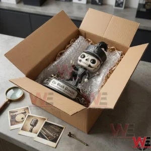 A skeleton figure is packed in a shipping box with protective material! Photographs and a magnifying glass are on the table next to the box!