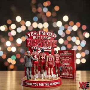 NC State basketball anniversary figurine with coach and players on a red base beside a collector box!