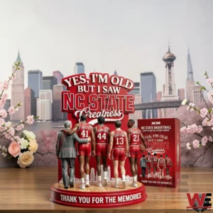 NC State basketball anniversary figurine with coach and players in front of a skyline with blossoms beside a collector box!