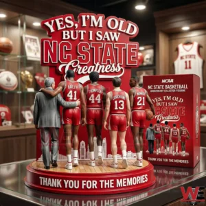 NC State basketball anniversary figurine with coach and players on a red base in a memorabilia room beside a collector box!