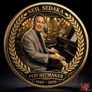 Gold commemorative coin showing Neil Sedaka at a piano with stage lights and the text Pop Hitmaker!