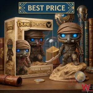 A Fremen Warrior collectible figure with glowing blue eyes standing next to its branded box on a wooden table with desert themed accessories!