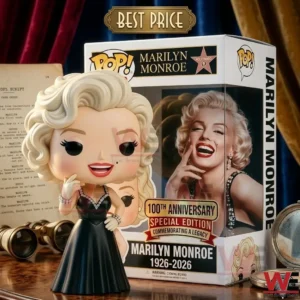 A Marilyn Monroe collector figure and its special edition box on a vanity table.