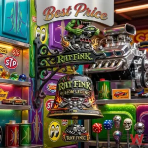 NEW Rat Fink Kustom Legend Wall Bell 3 Artistic car culture wall bell with a green creature on top surrounded by bright automotive memorabilia and custom shift knobs!