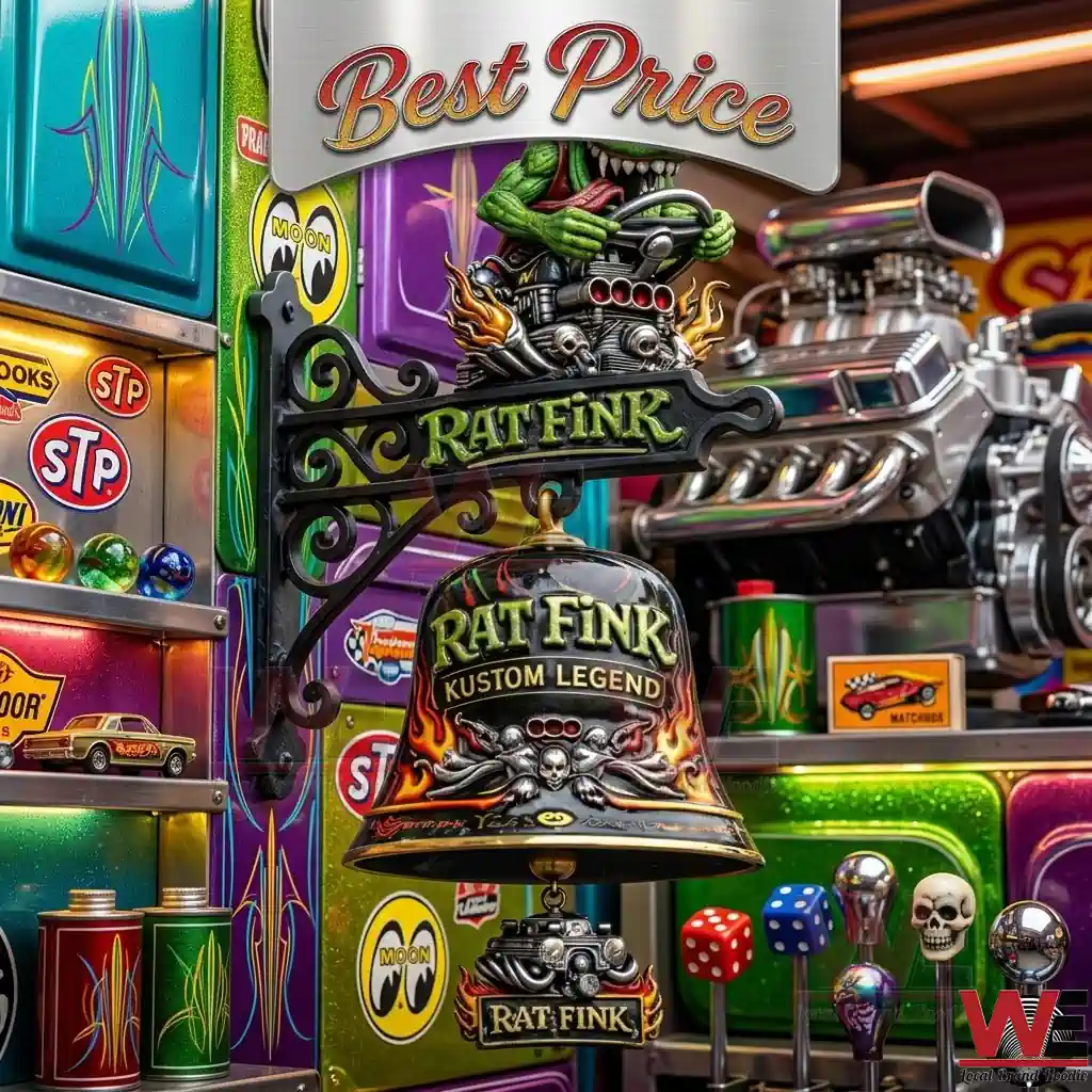 NEW Rat Fink Kustom Legend Wall Bell 2 Artistic car culture wall bell with a green creature on top surrounded by bright automotive memorabilia and custom shift knobs!