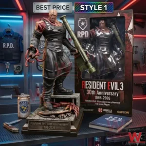 A detailed scale figure of Nemesis from Resident Evil 3 with anniversary branding!