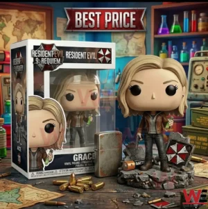 A close up photograph of a Grace vinyl figure and its box on a workbench! Grace is blonde with a leather jacket holding items next to a battle worn display piece! The packaging and surrounding area contain many Resident Evil themed details and small items!