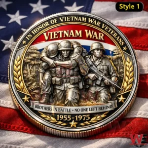 Vietnam War tribute coin showing soldiers supporting a wounded comrade with an American flag background!