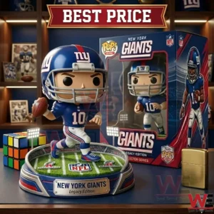 A vinyl sports figure in a Giants uniform holding a football on a green base! A retail box a puzzle cube and a lighter are also on the desk!