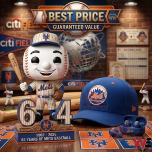New York Mets sixty four year anniversary mascot figure with cap and baseball decor!