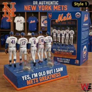 New York Mets collectible figures standing on a display base next to a Mets themed box!