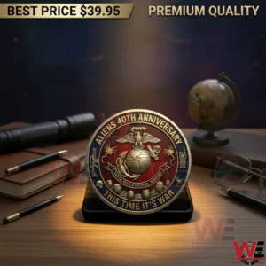 Aliens fortieth anniversary colonial marines coin displayed on a stand on a desk!