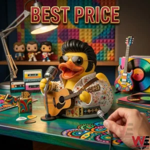 An Elvis Presley themed collectible rubber duck with a guitar and microphone on a music studio desk.
