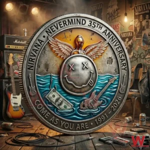 Metallic Nirvana Nevermind 35th anniversary coin artwork with smiley face wings waves guitars and 1991 2026 text!